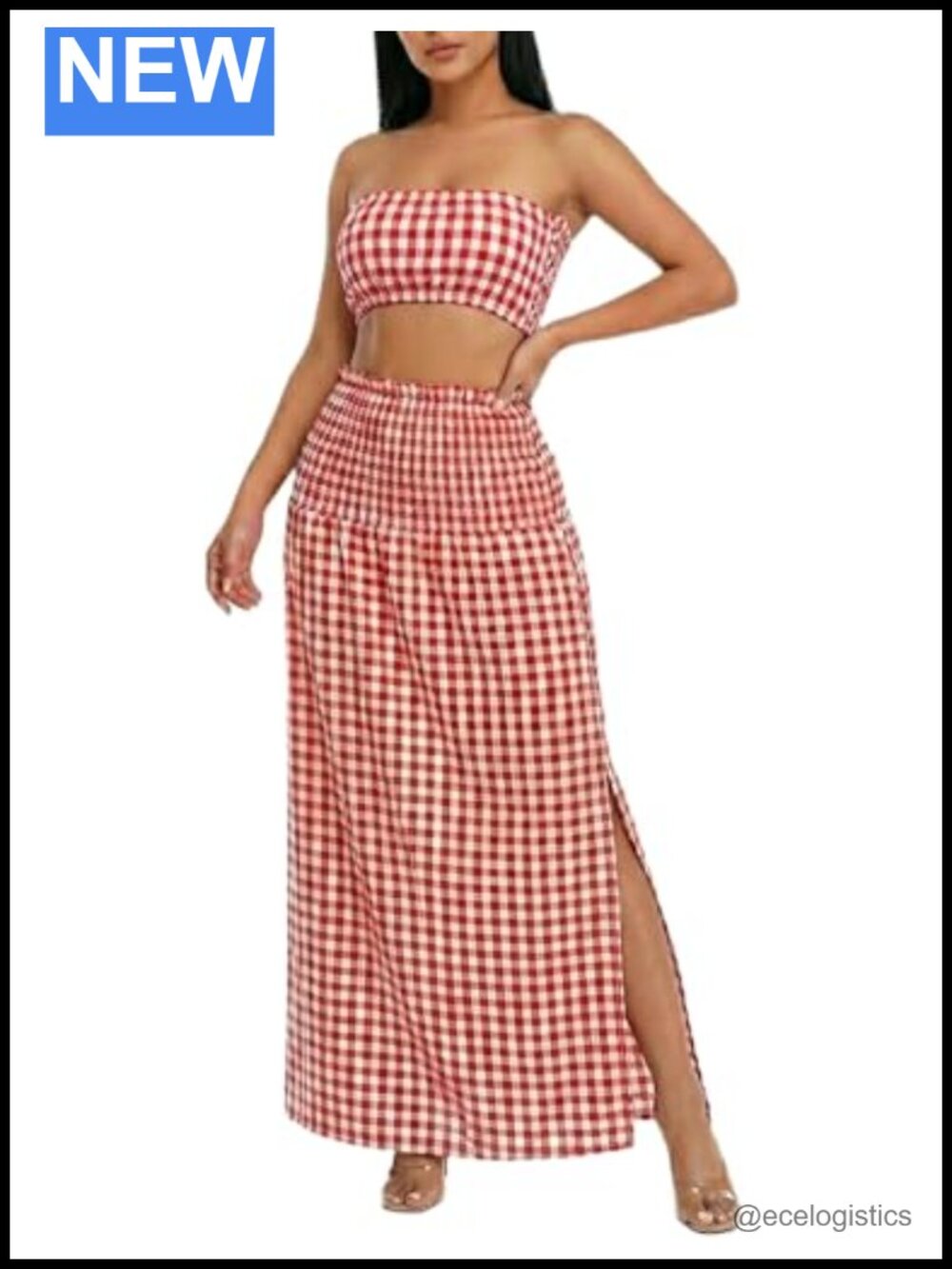 Two Piece Gingham Vacation Set Strapless Tube Top A-Line Maxi Skirt